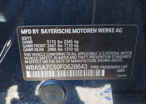 2015 BMW 528I xDrive z USA, uszkodzony, nr VIN WBA5A7C50FD628643